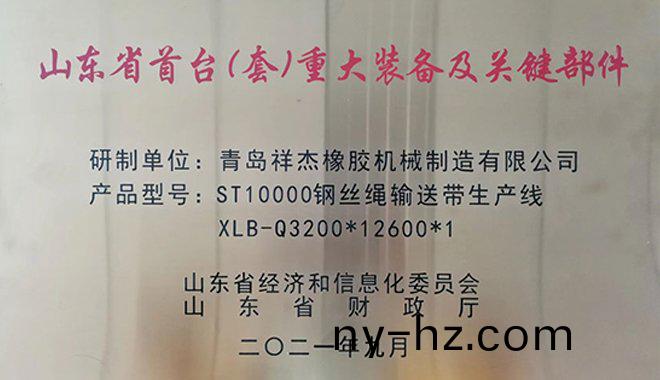我(wo)公司ST10000鋼絲繩(sheng)輸(shu)送(song)帶生産(chan)線榮穫山東省首檯(tai)（套(tao)）重大(da)裝(zhuang)備(bei)及關鍵(jian)部(bu)件